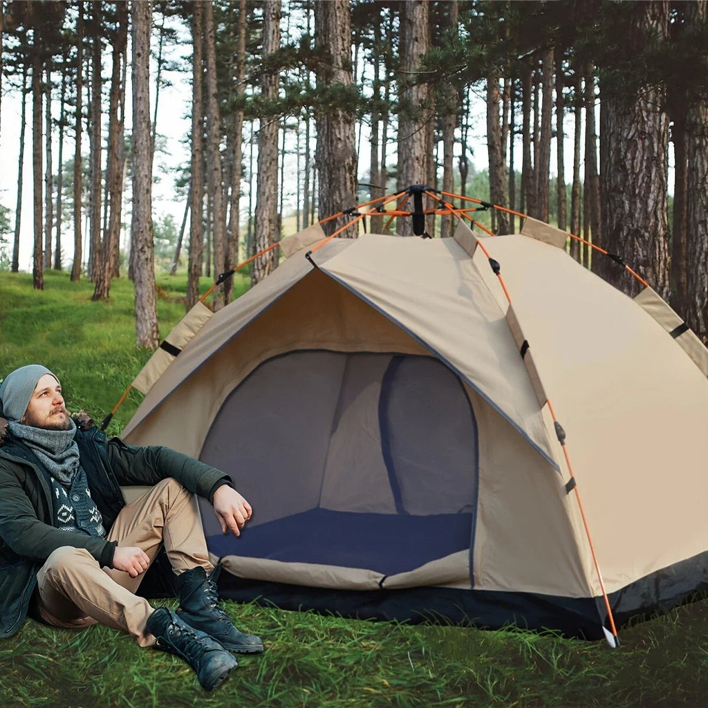 4-Person Automatic Pop-Up Tent, Light Brown, Square, Normal Waterproof, Zipper C